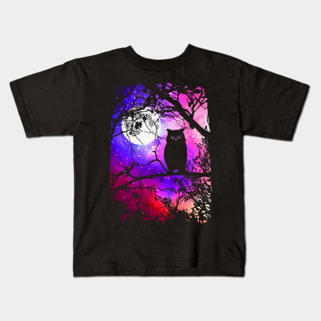 Owl Moon with Night Sky Stars Kids T-Shirt by robotface